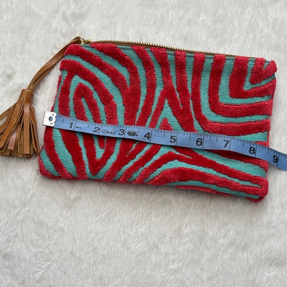 Glenda Gies Stylish Coral Velvet and Teal Clutch with Tassel - Picture 7 of 7